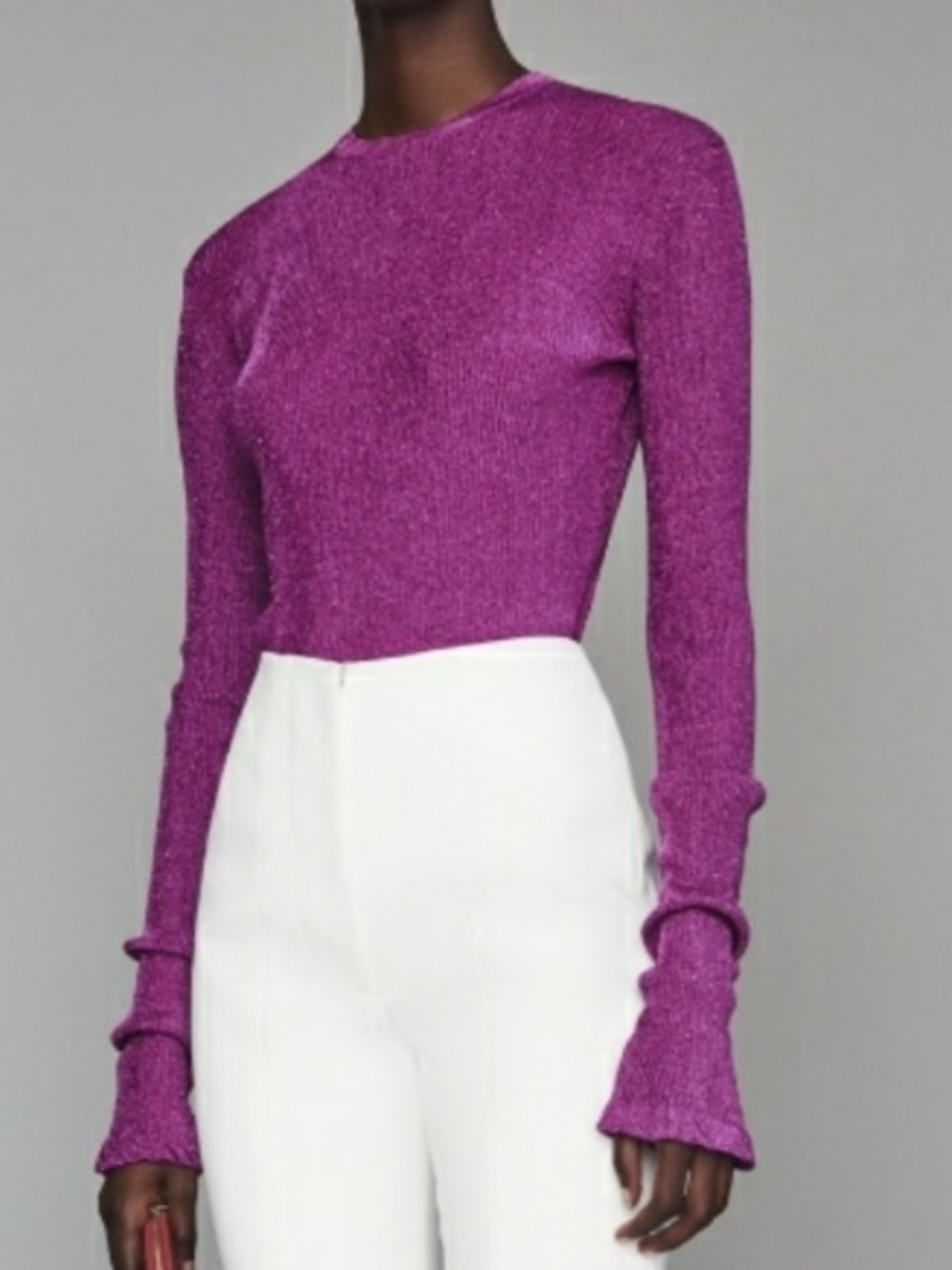Solace London Ribbed Crewneck Long Sleeve Top Size 2 Purple Metallic Sheer Knit